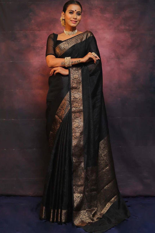 Load image into Gallery viewer, Gleaming Black Soft Silk Saree With Designer Blouse Piece
