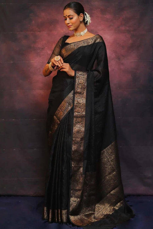 Load image into Gallery viewer, Gleaming Black Soft Silk Saree With Designer Blouse Piece
