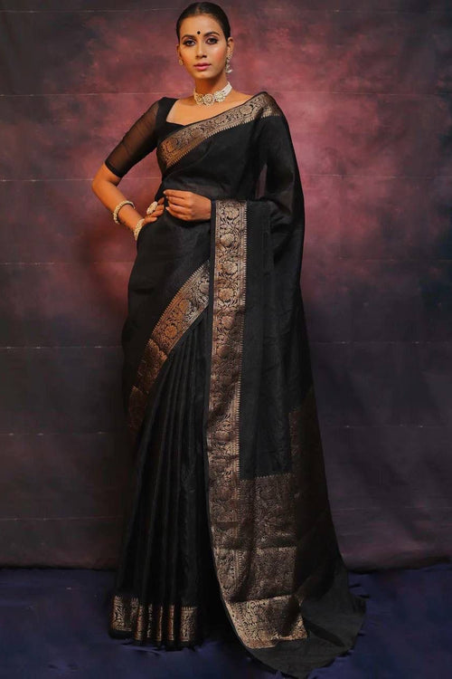 Load image into Gallery viewer, Gleaming Black Soft Silk Saree With Designer Blouse Piece
