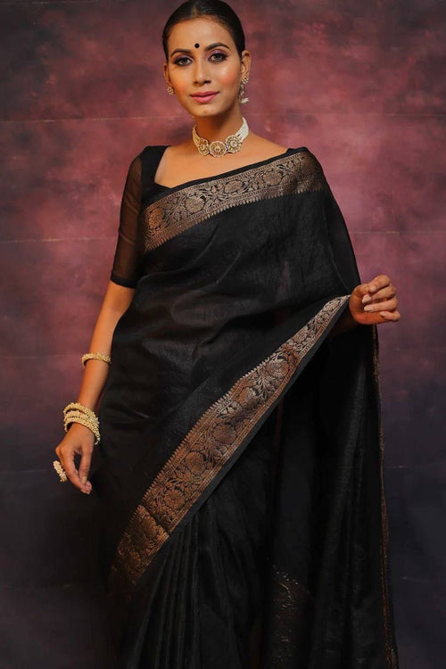 Load image into Gallery viewer, Gleaming Black Soft Silk Saree With Designer Blouse Piece
