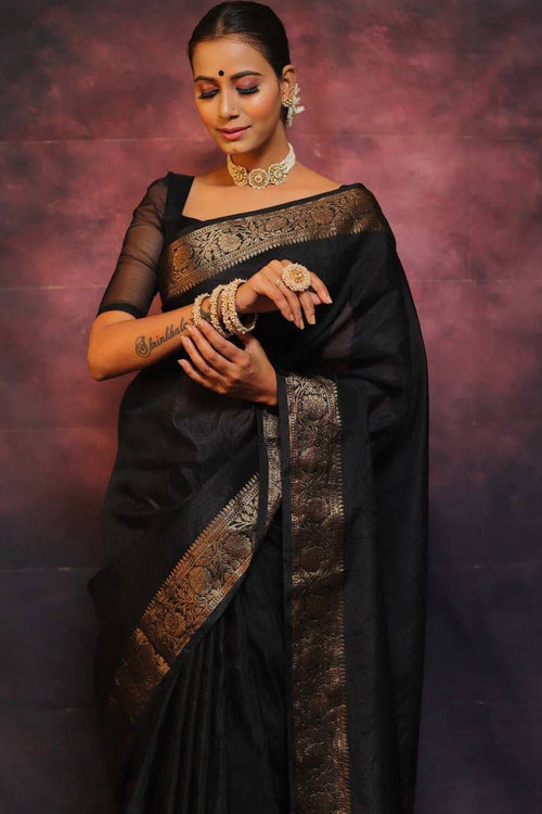 Load image into Gallery viewer, Gleaming Black Soft Silk Saree With Designer Blouse Piece
