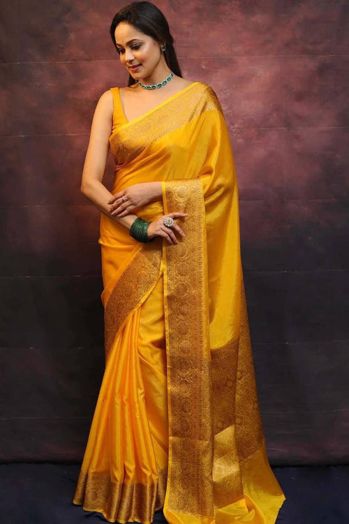 Load image into Gallery viewer, Ailurophile Yellow Soft Silk Saree With Demesne Blouse Piece
