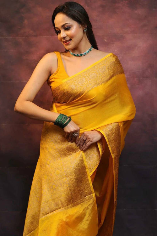 Load image into Gallery viewer, Ailurophile Yellow Soft Silk Saree With Demesne Blouse Piece
