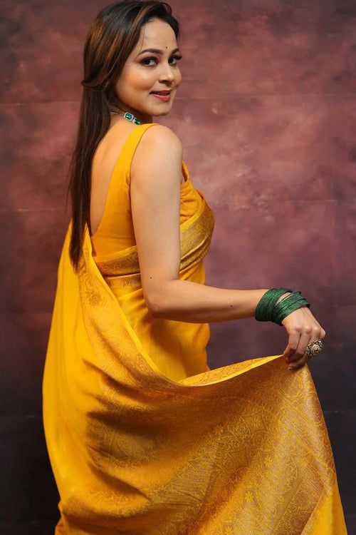 Load image into Gallery viewer, Ailurophile Yellow Soft Silk Saree With Demesne Blouse Piece
