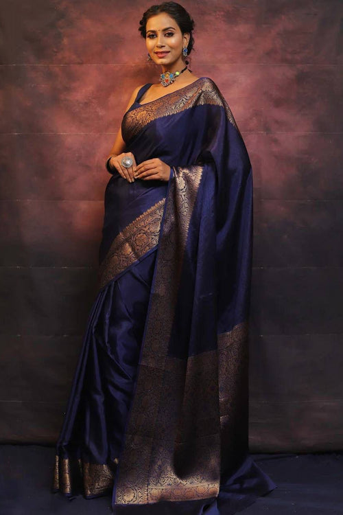 Load image into Gallery viewer, Gossamer Navy Blue Soft Silk Saree With Nemesis Blouse Piece
