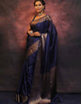 Gossamer Navy Blue Soft Silk Saree With Nemesis Blouse Piece