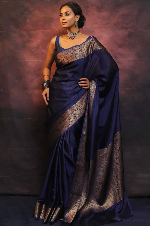 Load image into Gallery viewer, Gossamer Navy Blue Soft Silk Saree With Nemesis Blouse Piece
