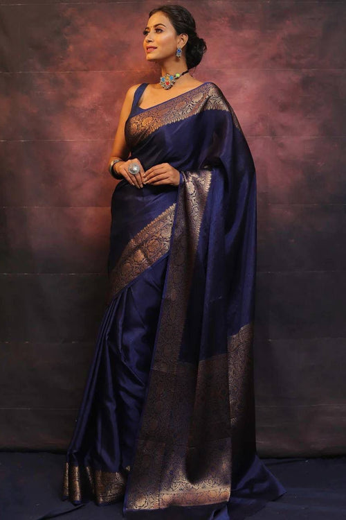 Load image into Gallery viewer, Gossamer Navy Blue Soft Silk Saree With Nemesis Blouse Piece
