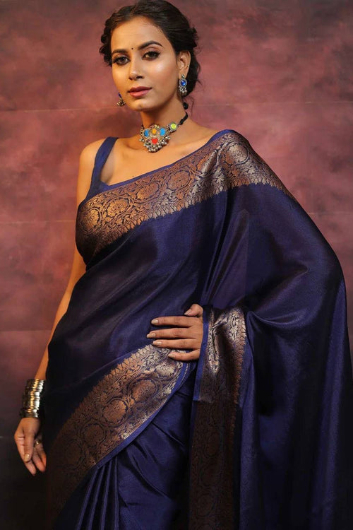 Load image into Gallery viewer, Gossamer Navy Blue Soft Silk Saree With Nemesis Blouse Piece
