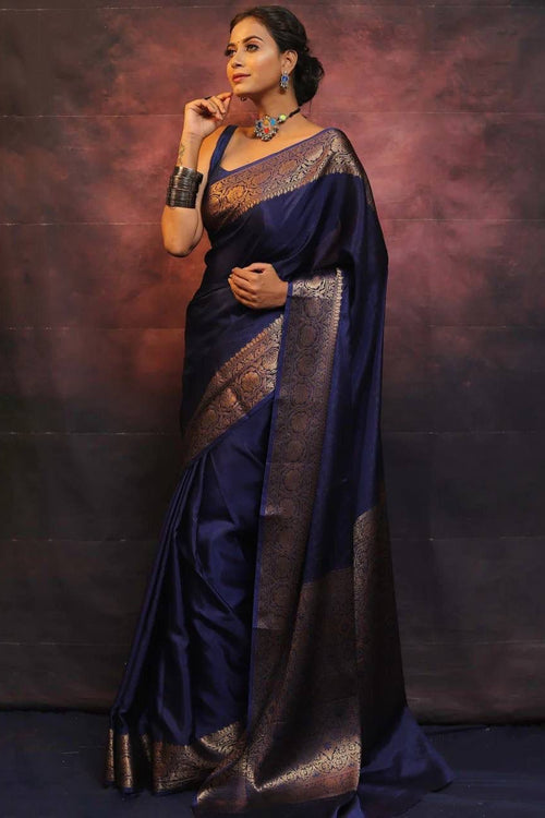 Load image into Gallery viewer, Gossamer Navy Blue Soft Silk Saree With Nemesis Blouse Piece
