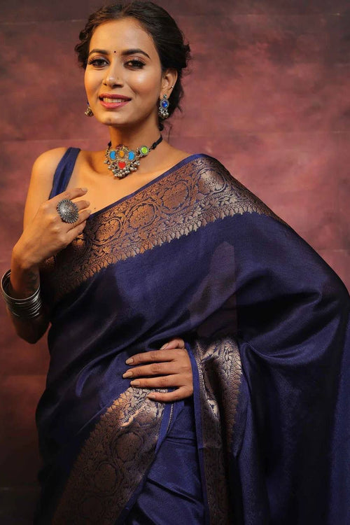 Load image into Gallery viewer, Gossamer Navy Blue Soft Silk Saree With Nemesis Blouse Piece
