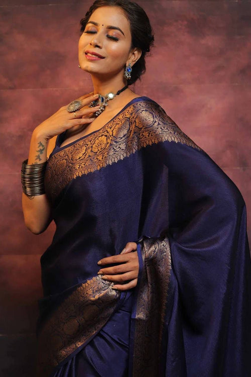 Load image into Gallery viewer, Gossamer Navy Blue Soft Silk Saree With Nemesis Blouse Piece
