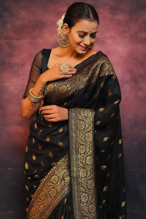 Load image into Gallery viewer, Sophisticated Black Soft Silk Saree With Twirling Blouse Piece
