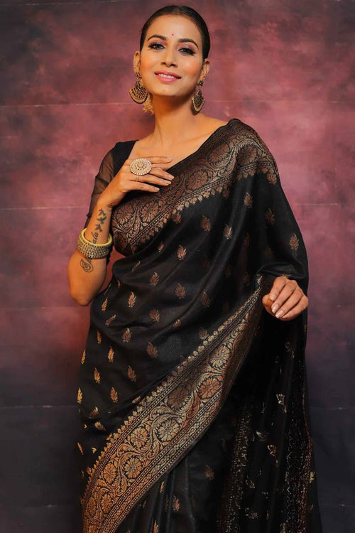 Load image into Gallery viewer, Sophisticated Black Soft Silk Saree With Twirling Blouse Piece
