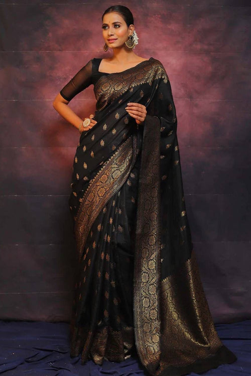 Load image into Gallery viewer, Sophisticated Black Soft Silk Saree With Twirling Blouse Piece
