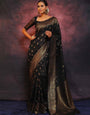 Sophisticated Black Soft Silk Saree With Twirling Blouse Piece