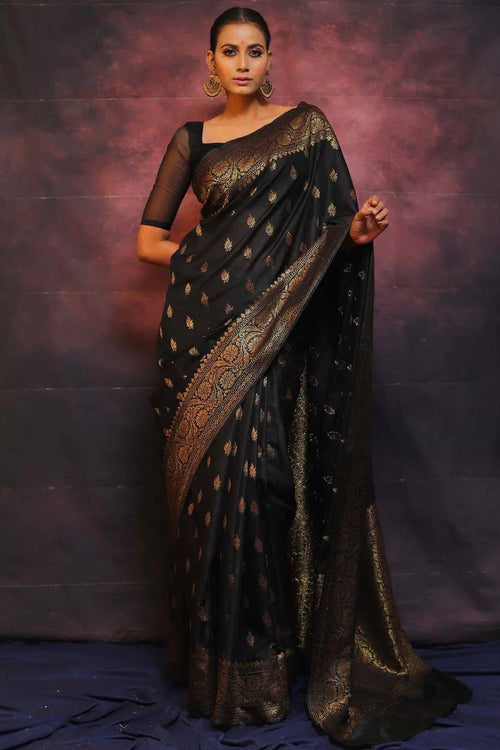 Load image into Gallery viewer, Sophisticated Black Soft Silk Saree With Twirling Blouse Piece
