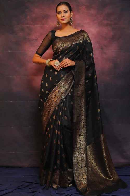 Load image into Gallery viewer, Sophisticated Black Soft Silk Saree With Twirling Blouse Piece
