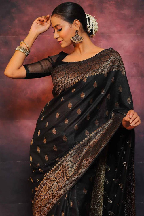 Load image into Gallery viewer, Sophisticated Black Soft Silk Saree With Twirling Blouse Piece
