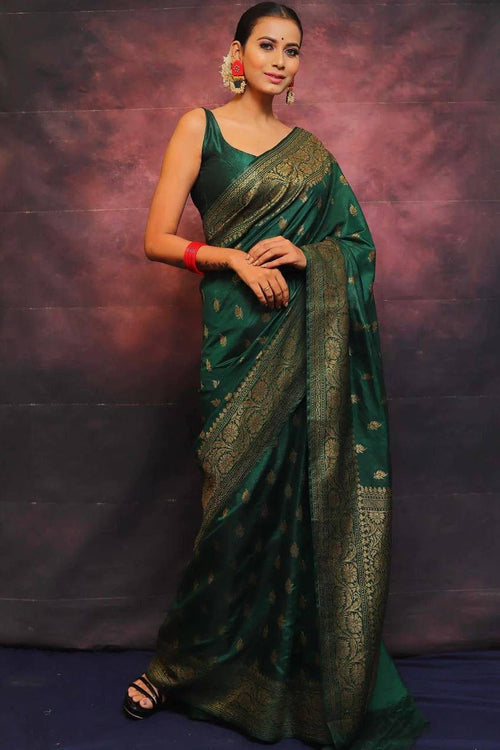 Load image into Gallery viewer, Adorning Dark Green Soft Silk Saree With Prominent Blouse Piece
