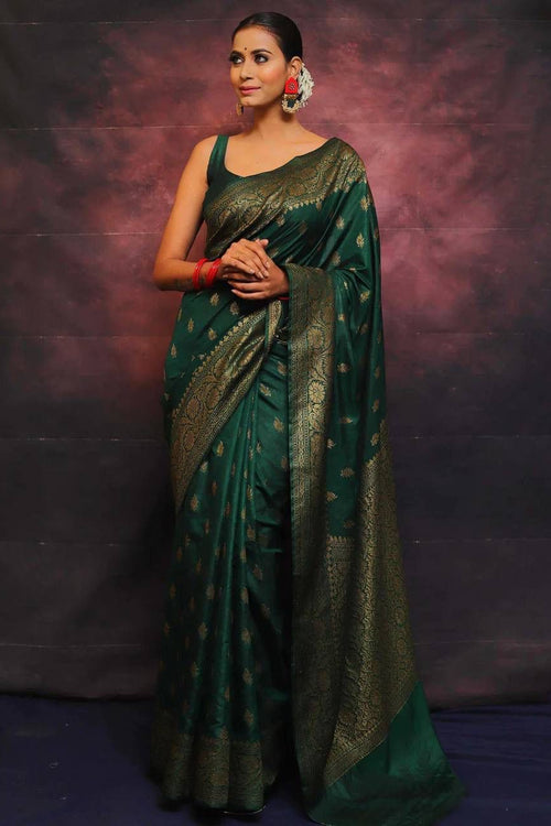 Load image into Gallery viewer, Adorning Dark Green Soft Silk Saree With Prominent Blouse Piece
