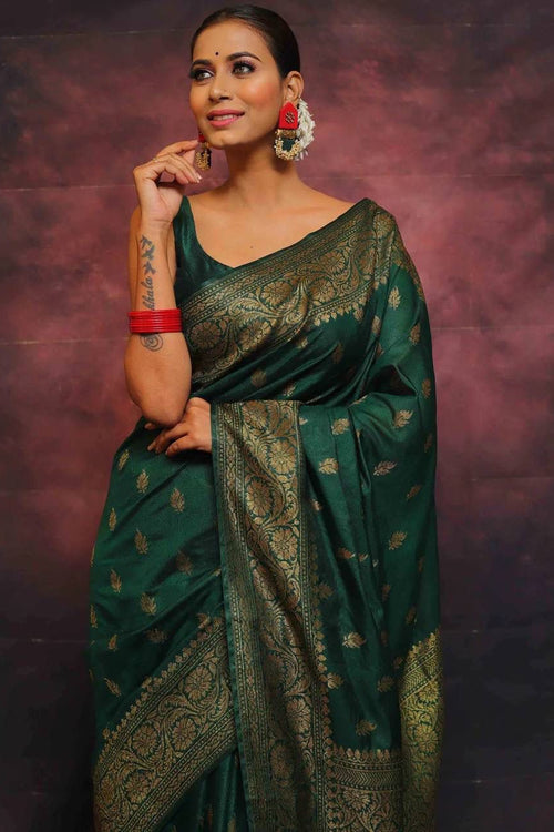 Load image into Gallery viewer, Adorning Dark Green Soft Silk Saree With Prominent Blouse Piece
