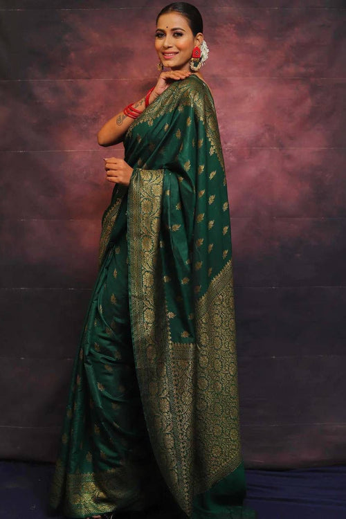 Load image into Gallery viewer, Adorning Dark Green Soft Silk Saree With Prominent Blouse Piece
