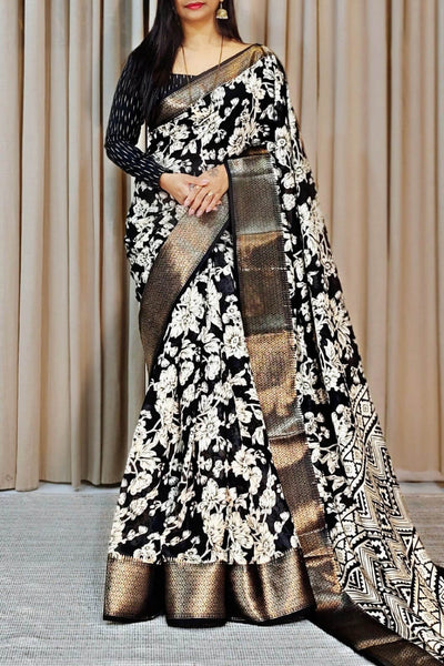 Charming Black Digital Printed Soft Silk Saree With Gorgeous Blouse Piece