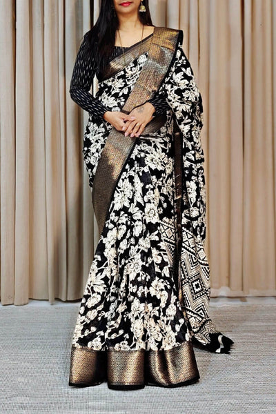 Charming Black Digital Printed Soft Silk Saree With Gorgeous Blouse Piece