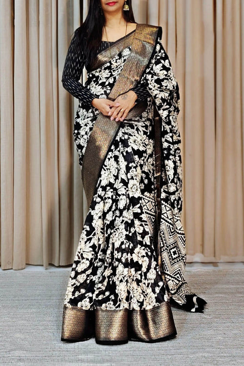 Load image into Gallery viewer, Charming Black Digital Printed Soft Silk Saree With Gorgeous Blouse Piece
