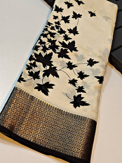 Trendy Off White Digital Printed Soft Silk Saree With Flaunt Blouse Piece