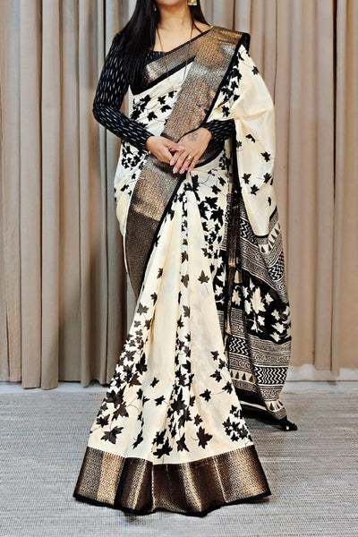 Trendy Off White Digital Printed Soft Silk Saree With Flaunt Blouse Piece