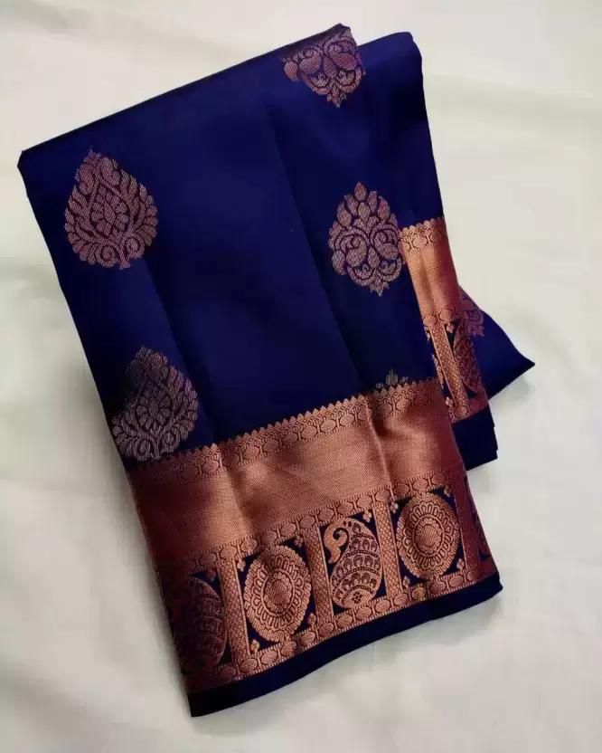 Diaphanous Navy Blue Soft Silk Saree With Confounding Blouse Piece