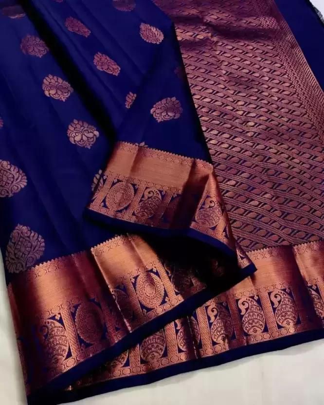 Diaphanous Navy Blue Soft Silk Saree With Confounding Blouse Piece