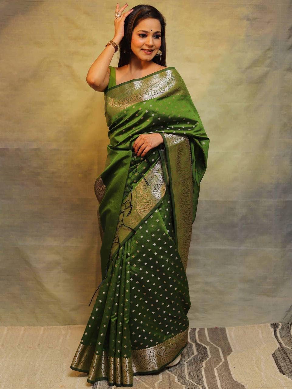 Impressive Mehndi Soft Silk Saree With Energetic Blouse Piece