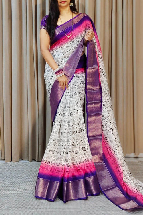 Load image into Gallery viewer, Murmurous Off White Digital Printed Dola Silk Saree With Unequalled Blouse Piece
