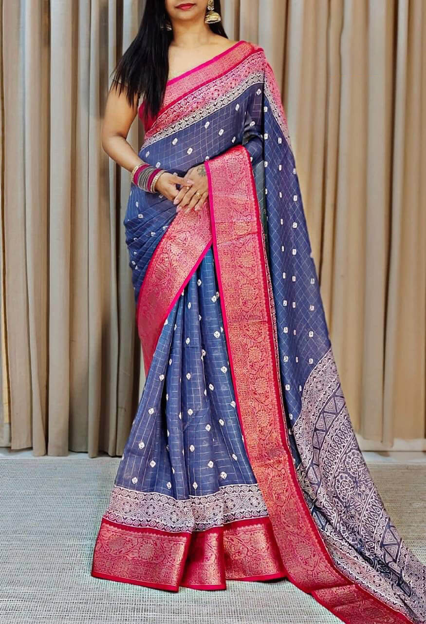 Fantabulous Blue Digital Printed Dola Silk Saree With Whimsical Blouse Piece