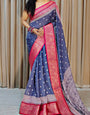 Fantabulous Blue Digital Printed Dola Silk Saree With Whimsical Blouse Piece