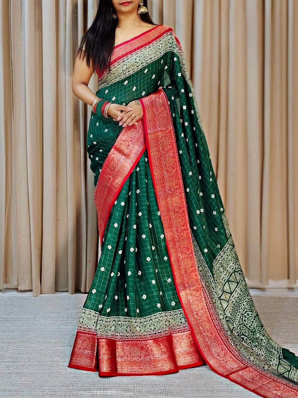 Zephyr Dark Green Digital Printed Dola Silk Saree With Mellifluous Blouse Piece