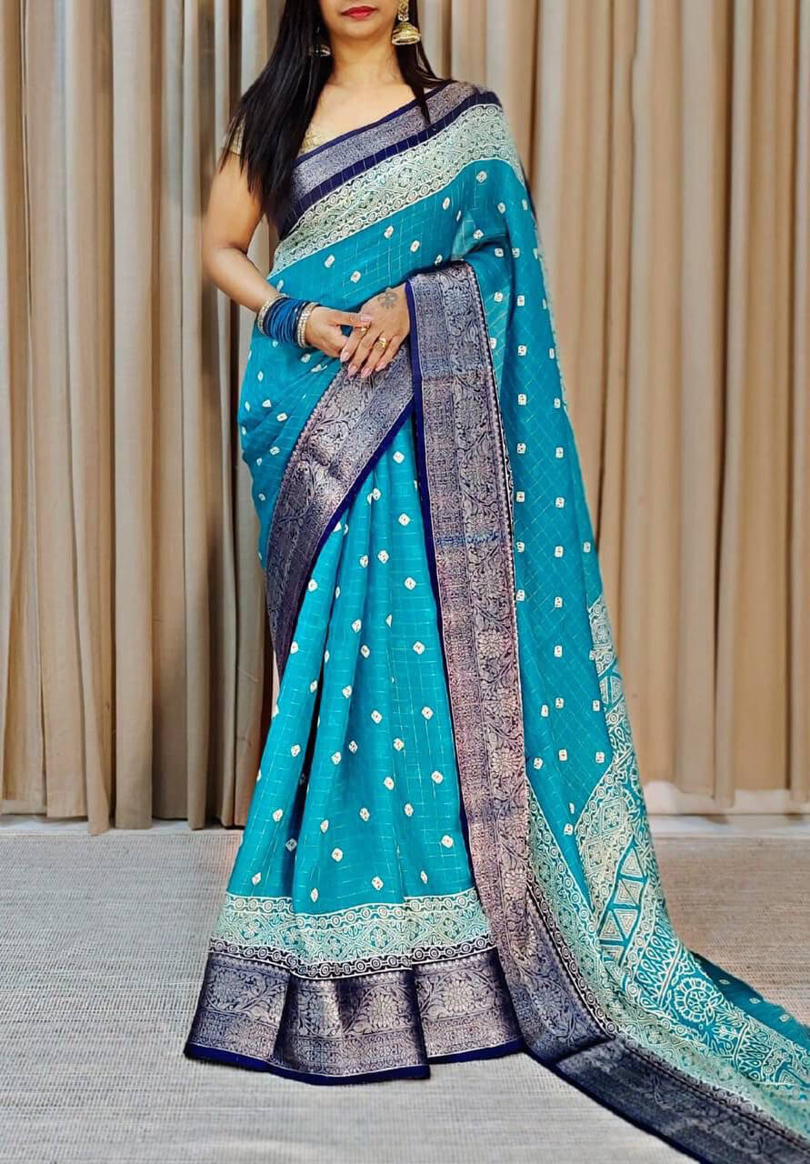 Vivacious Firozi Digital Printed Dola Silk Saree With Tempting Blouse Piece