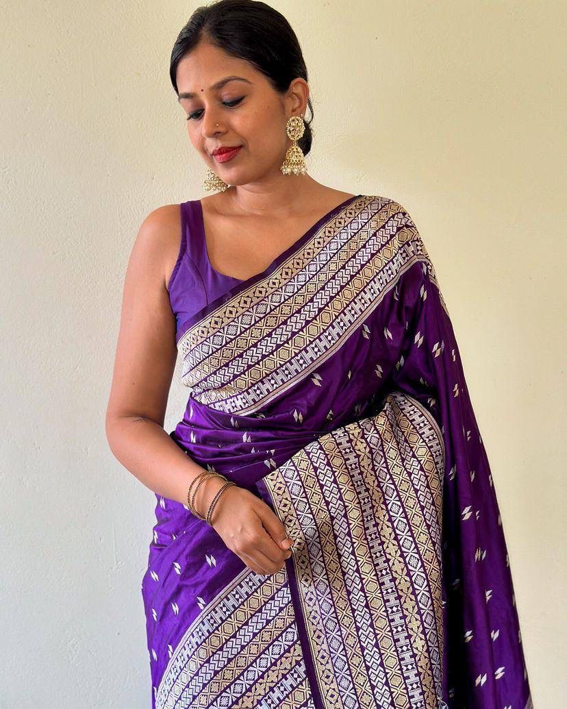 Exquisite Purple Soft Silk Saree With Eclat Blouse Piece