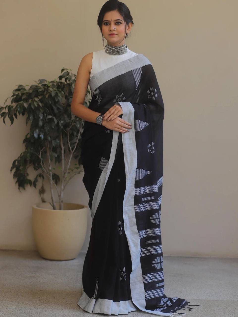 Petrichor Black Cotton Silk Saree With Traditional Blouse Piece