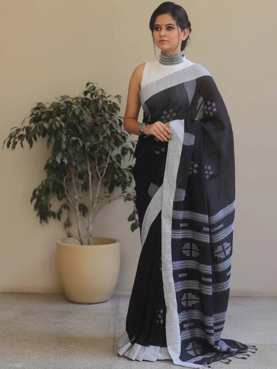 Petrichor Black Cotton Silk Saree With Traditional Blouse Piece