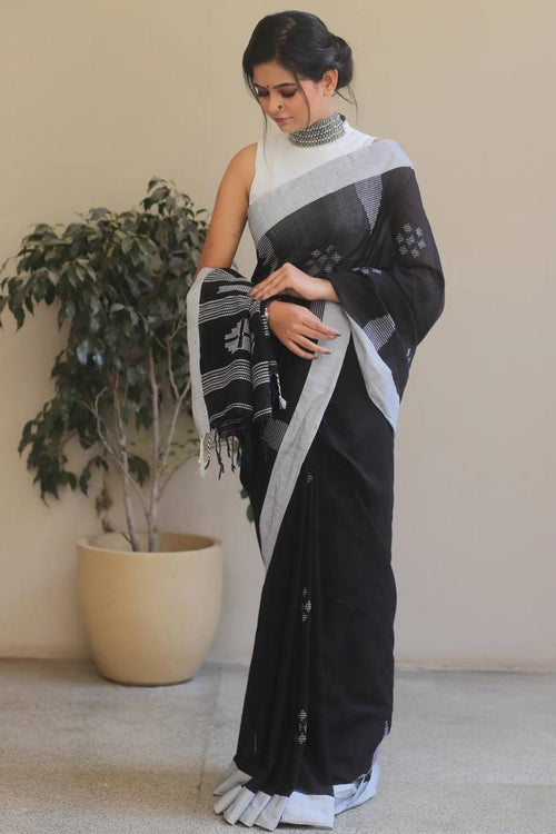 Load image into Gallery viewer, Petrichor Black Cotton Silk Saree With Traditional Blouse Piece
