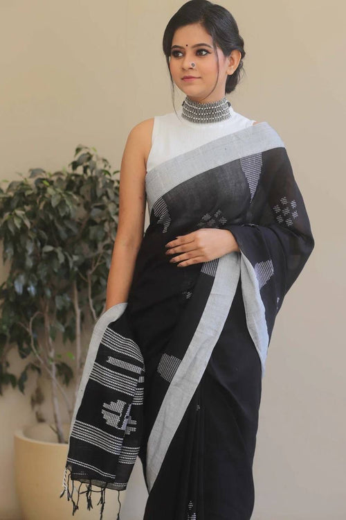 Load image into Gallery viewer, Petrichor Black Cotton Silk Saree With Traditional Blouse Piece
