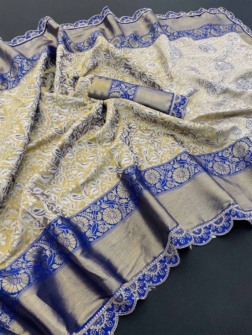 Breathtaking Beige Kanjivaram Silk Saree With Adoring Blouse Piece