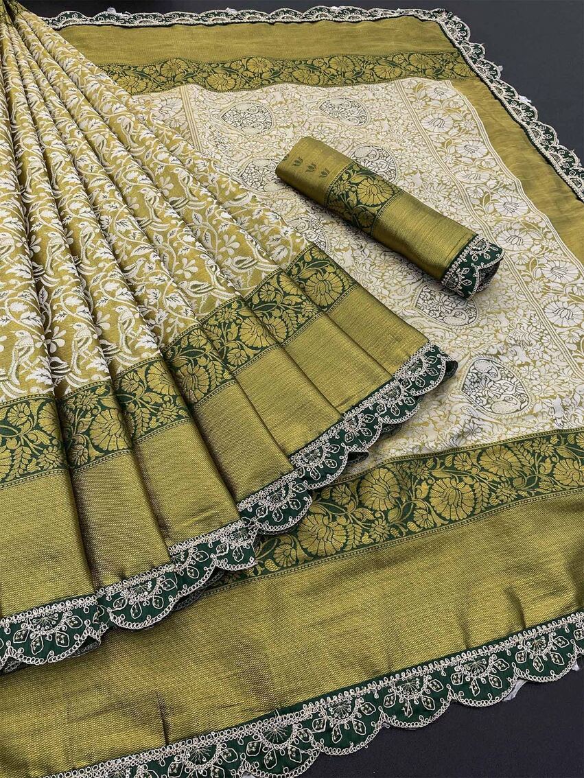 Desirable Beige Kanjivaram Silk Saree With Bewitching Blouse Piece