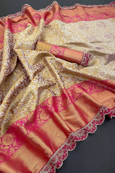 Elision Beige Kanjivaram Silk Saree With Fugacious Blouse Piece