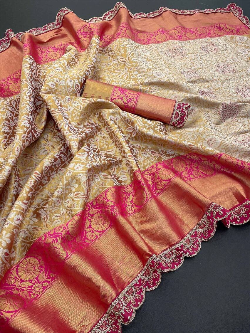 Elision Beige Kanjivaram Silk Saree With Fugacious Blouse Piece