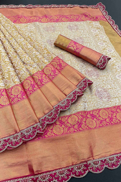 Elision Beige Kanjivaram Silk Saree With Fugacious Blouse Piece